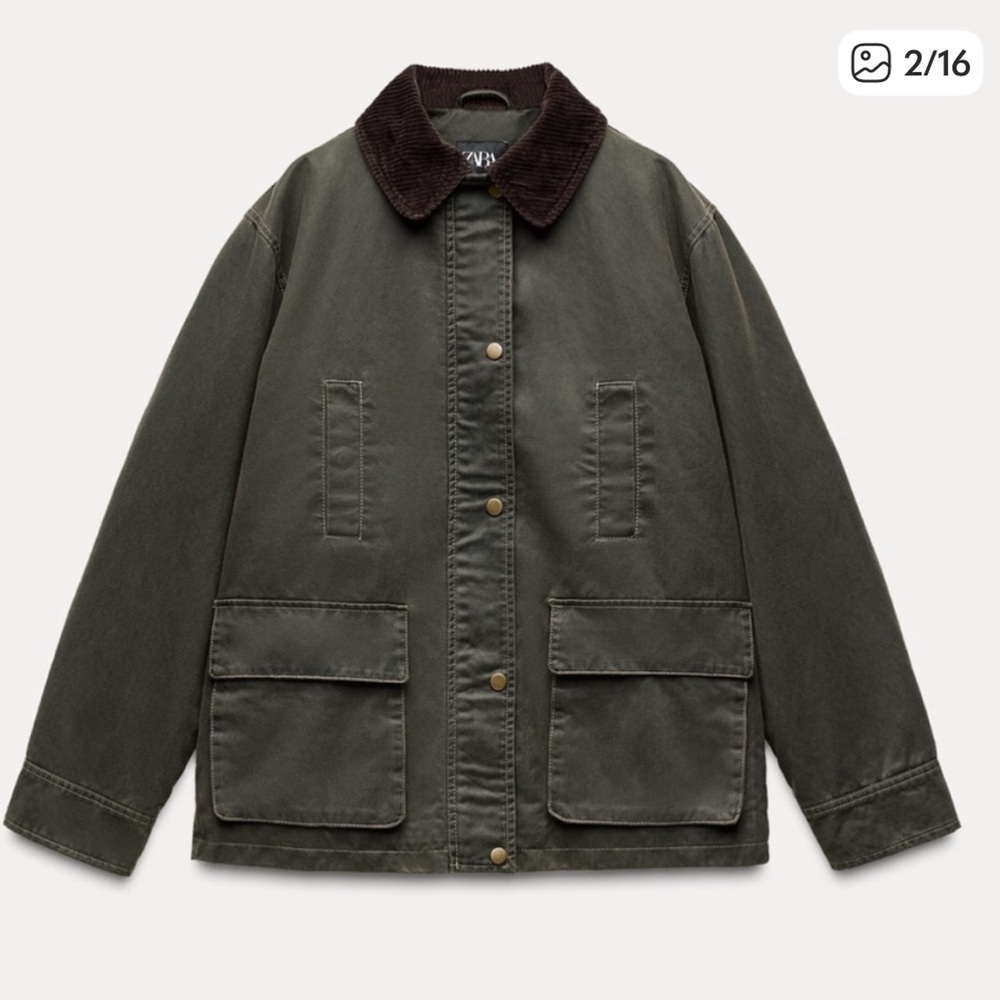 ZARA CORDUROY COLLAR WAXED BARN JACKET - SMALL - DARK ARMY GREEN
